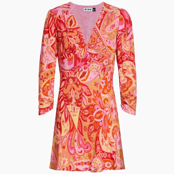 Rixo Jules Abstract Print Mini Dress 100% Silk Paisley Pink Retro Hippie Boho XL - Picture 6 of 16